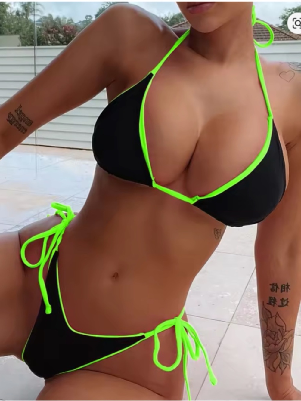 Black Micro Bikini Set with Neon Lime Green Trim - Sexy Halter Thong